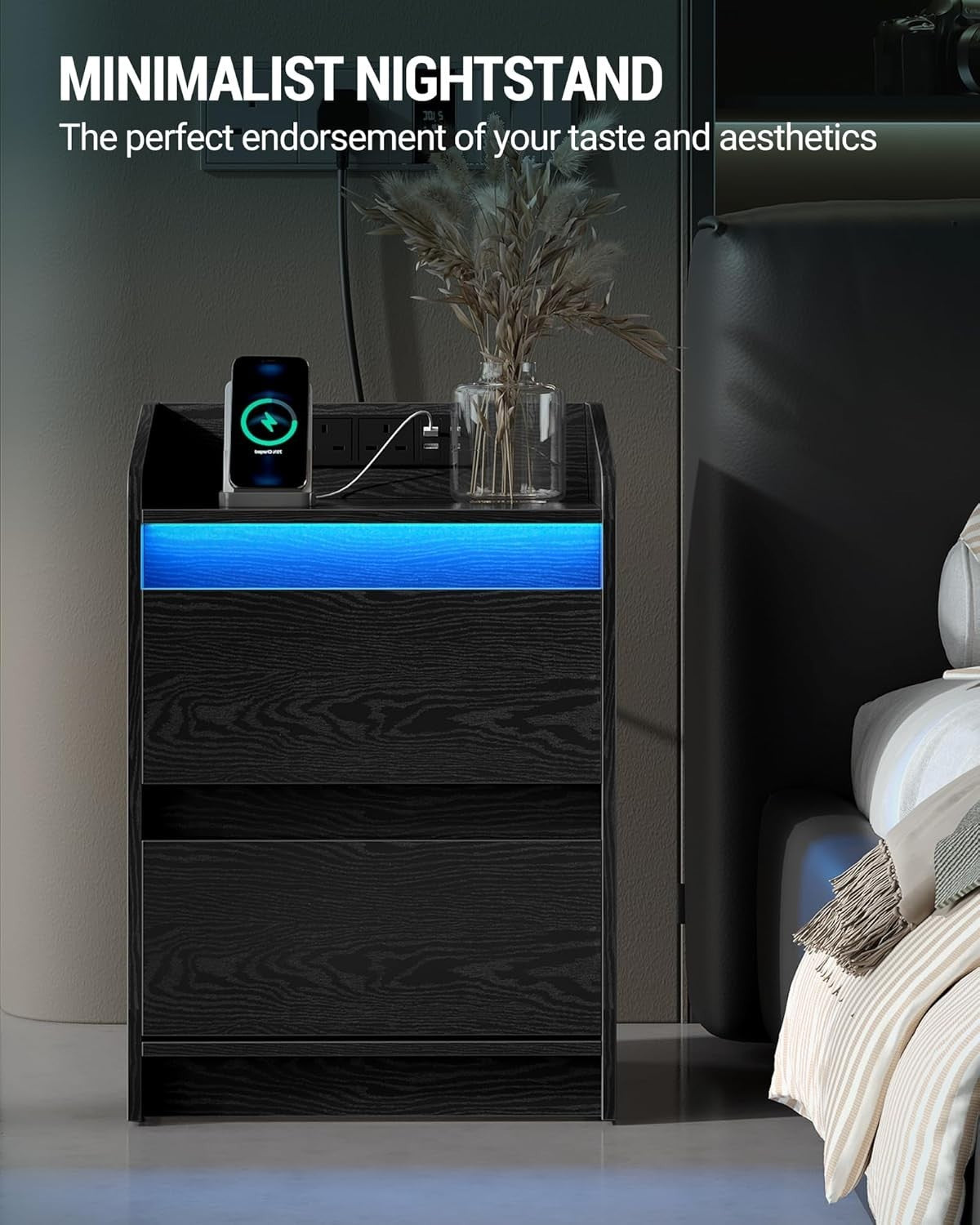 LED Bedside Tables Set of 2 with USB Ports & Power Outlets – Modern Nightstands