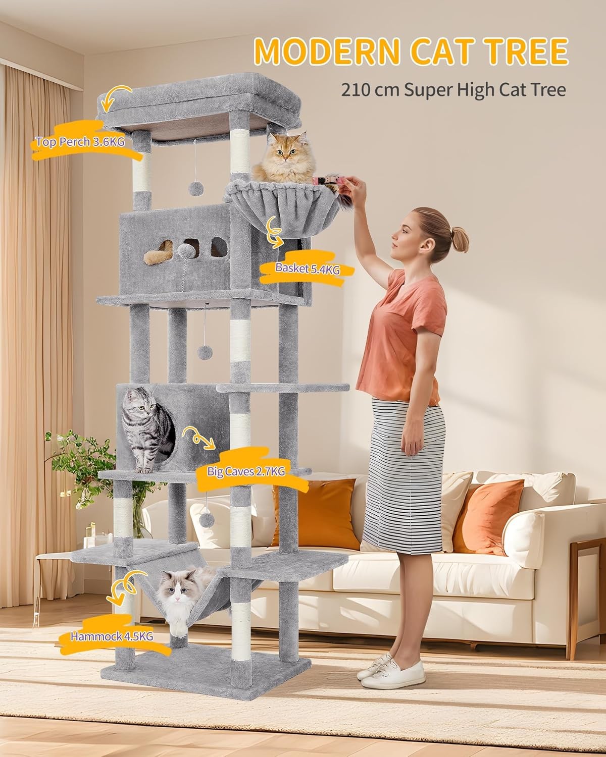 210cm Tall Cat Tree Tower Multi-Level Scratching Posts Condos Cats