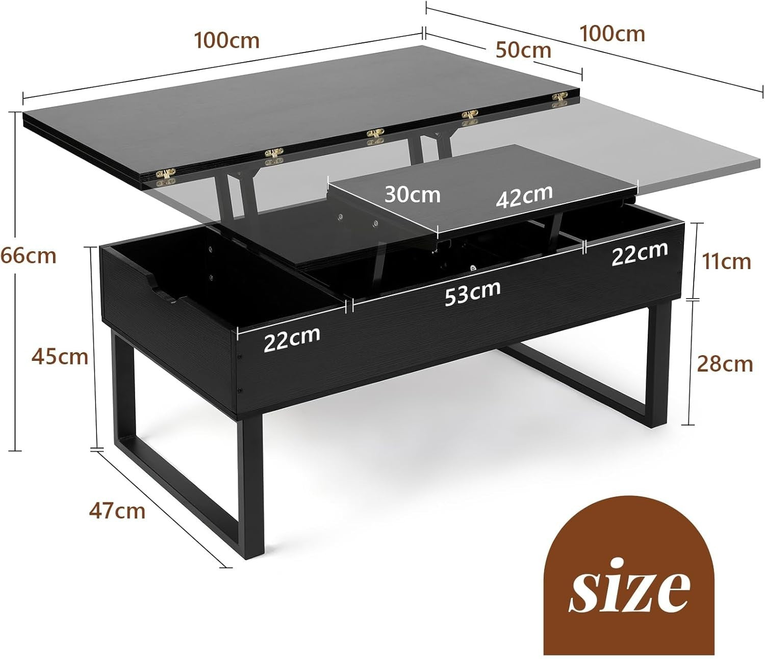 Lift Top Coffee Table with Hidden Storage 3-in-1 Convertible Black 100x50x50cm