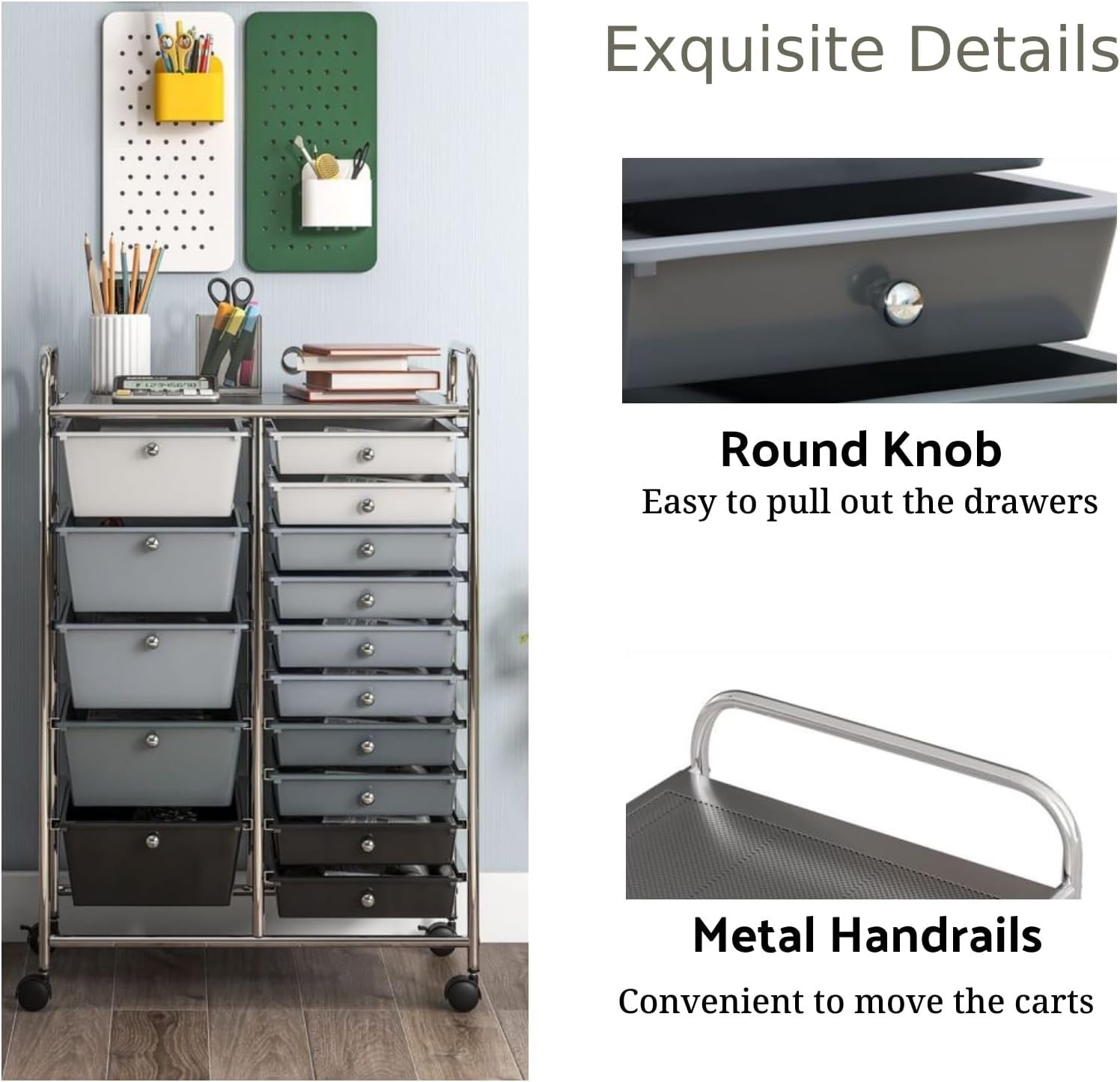 15 Drawer Rolling Storage Trolley Utility Organizer Cart Black Silver