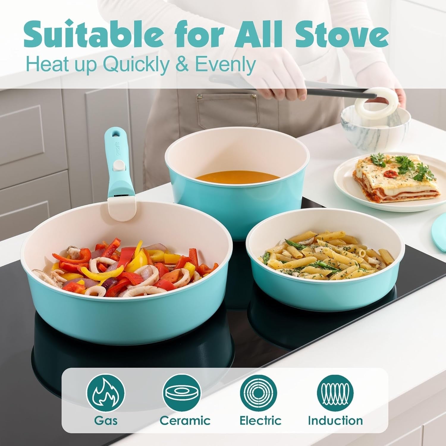 17pcs Turquoise Non Stick Cookware Set Detachable Handle Induction Oven Safe