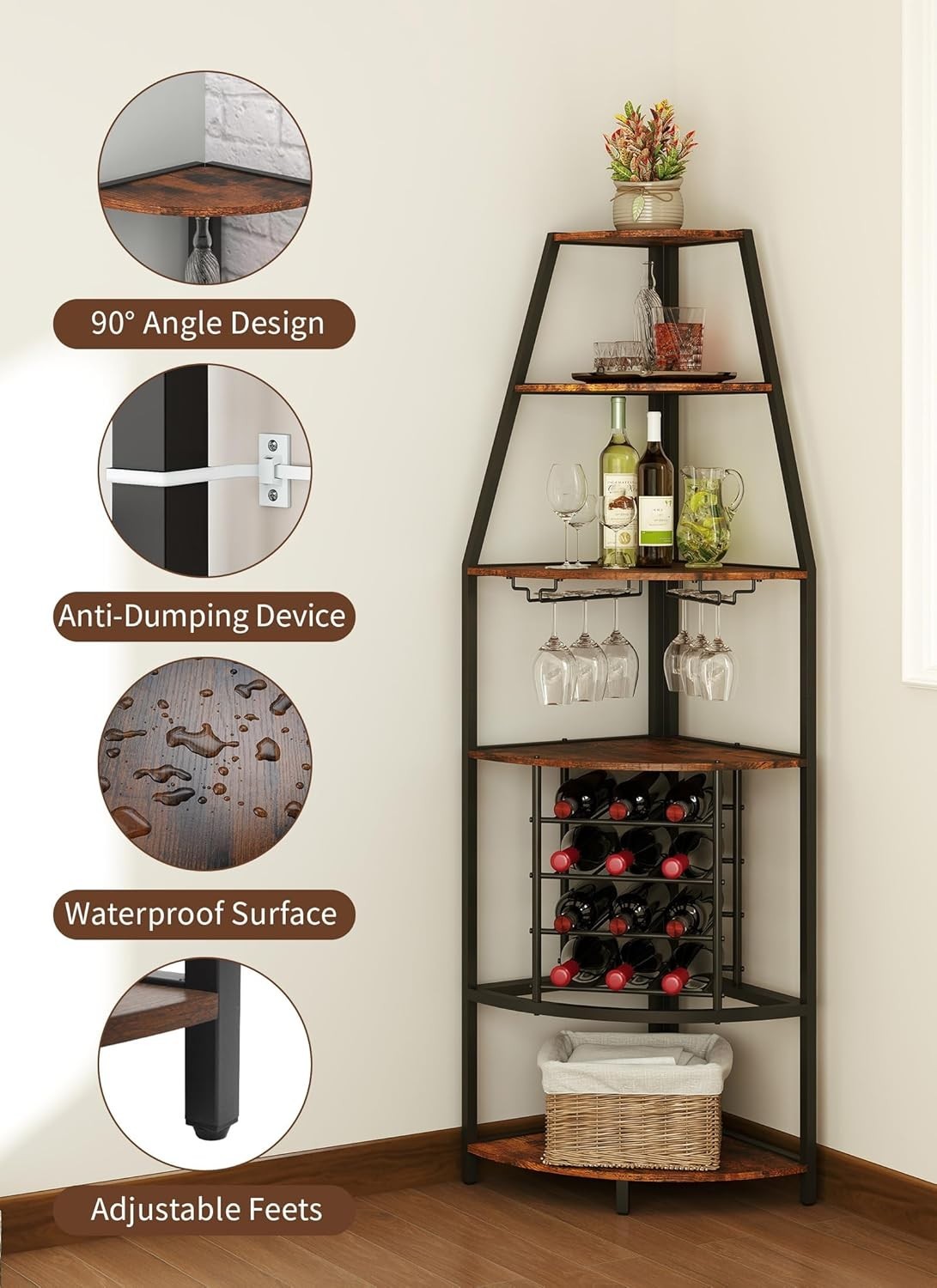 Corner Wine Bar Cabinet 5-Tier Industrial Wine Rack with Glass Holder