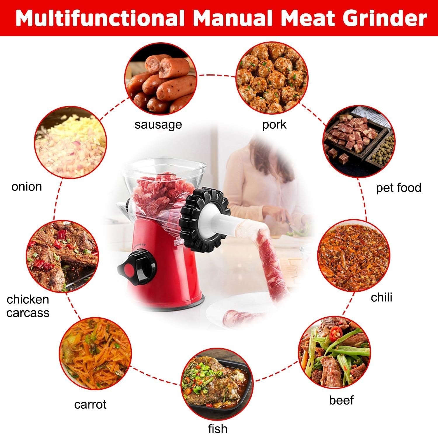 Manual Meat Grinder Sausage Maker Mincer Hand Crank Heavy Duty Red