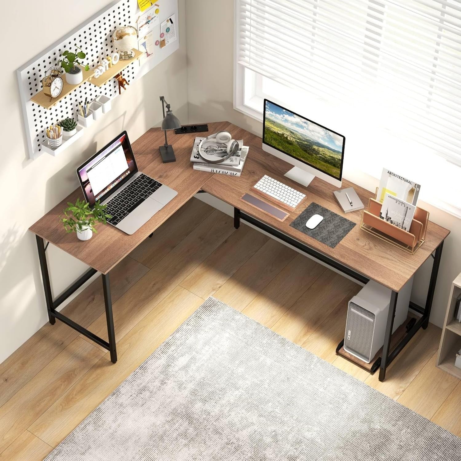 Natural L-Shaped Desk 168cm Corner Computer Table with CPU Stand Office
