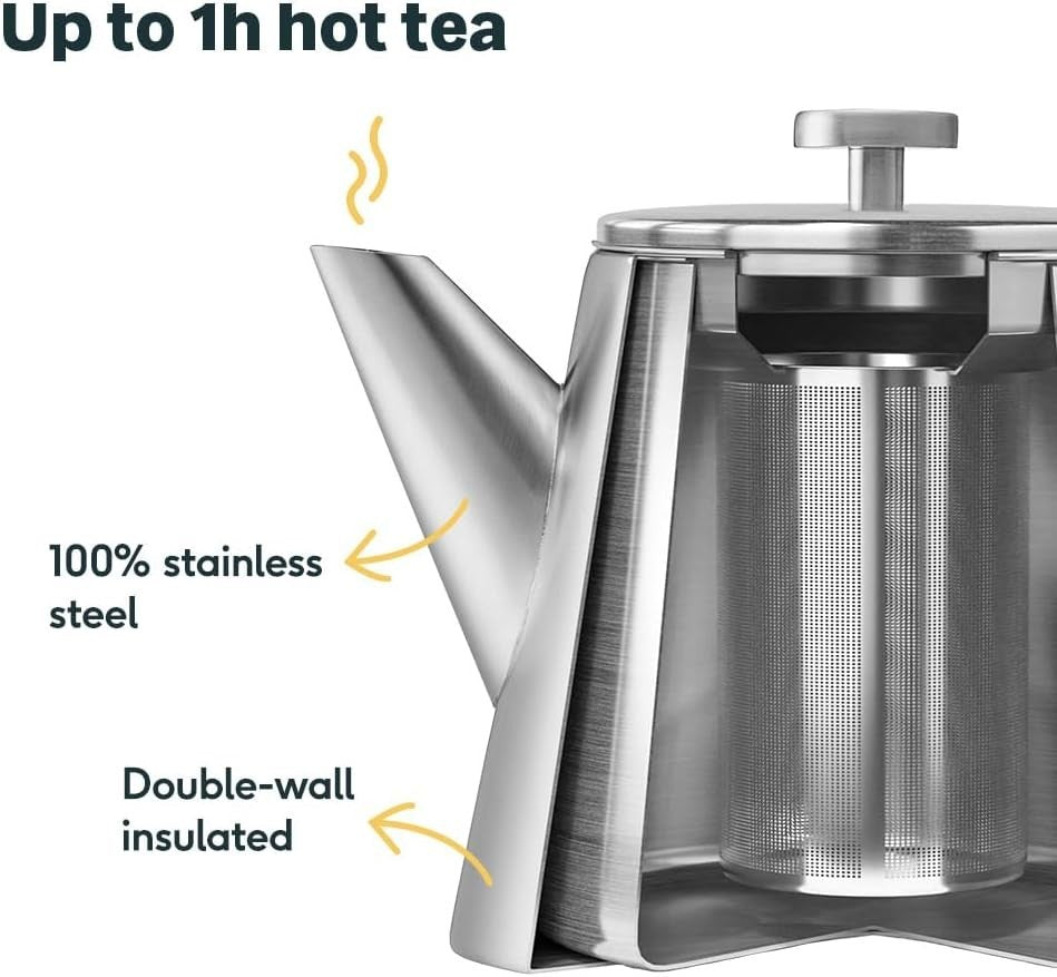 Stainless Steel Teapot 1L Double Wall Insulated w/ Tea Strainer Silver