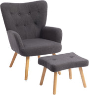 Grey Velvet Armchair with Footstool, Comfy Reading Lounge Chair Set