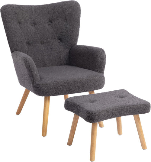 Grey Velvet Armchair with Footstool, Comfy Reading Lounge Chair Set