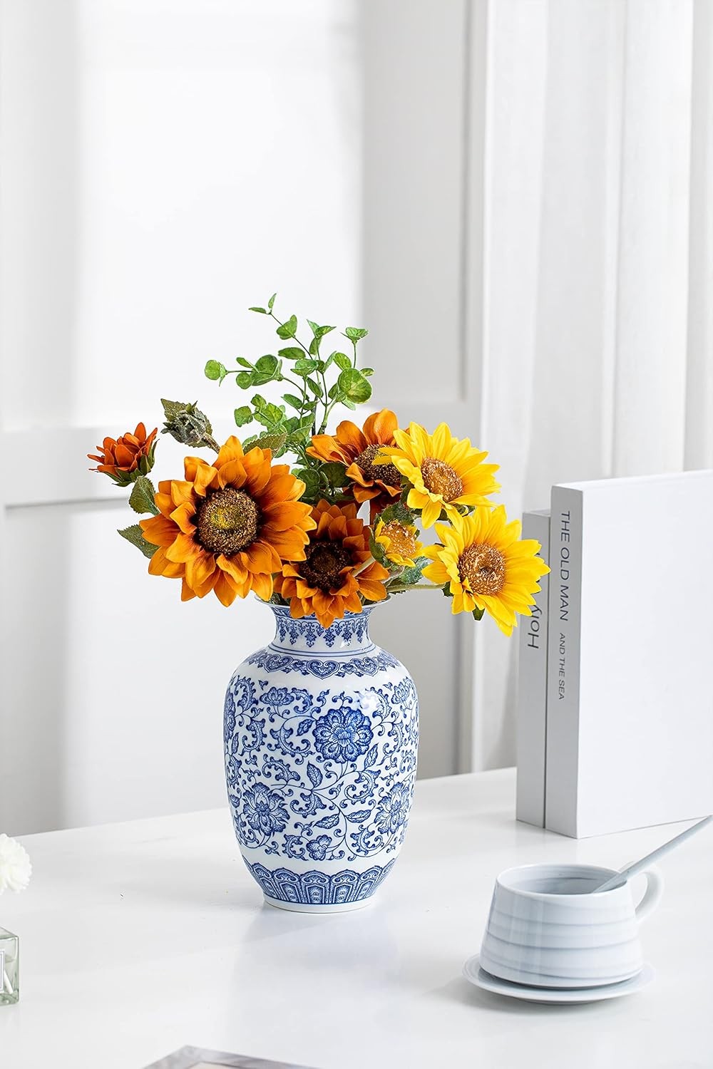 Blue White Ceramic Vase Chinoiserie Floral Decor Table Centerpiece 9 Inch