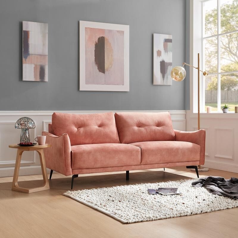 Blush Pink Velvet 3 Seater Sofa Tufted Cushions Metal Legs Modern Chic
