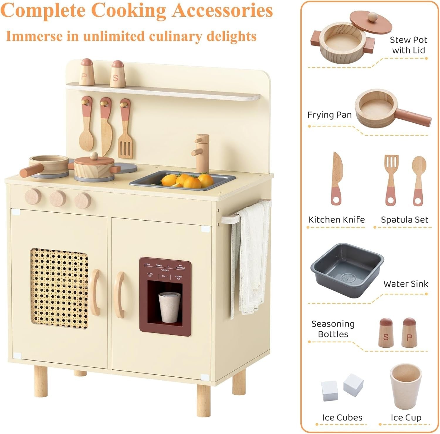 Wooden Kids Play Kitchen Yellow w/ Ice Maker Sink Accessories Set