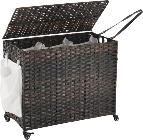 200L Rattan Laundry Hamper with Wheels Lid 3-Section Removable Bags Brown