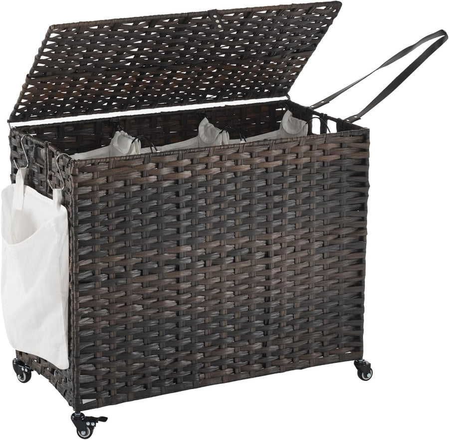 200L Rattan Laundry Hamper with Wheels Lid 3-Section Removable Bags Brown