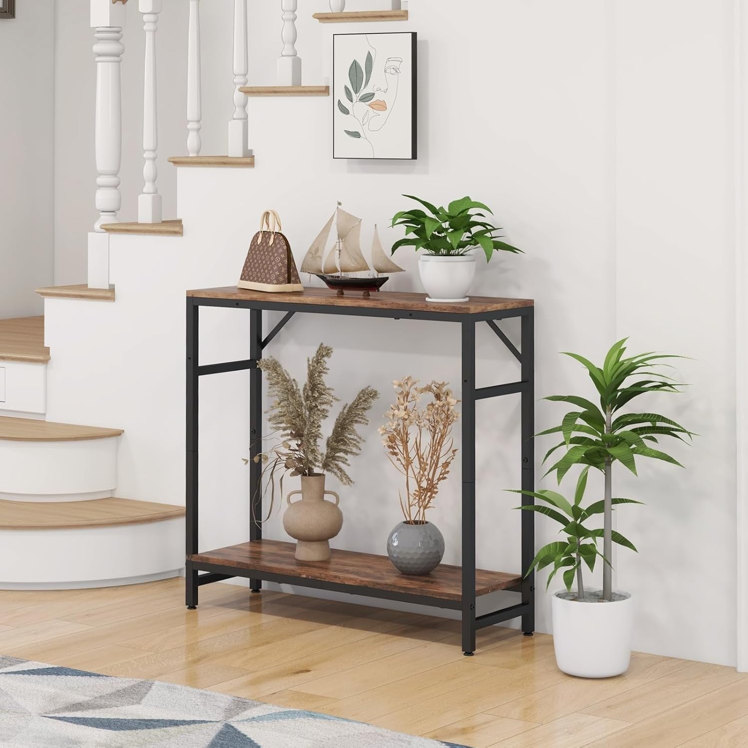Narrow Sofa & Console Table 2-Tier Storage, Sturdy Wood & Metal, Multiuse