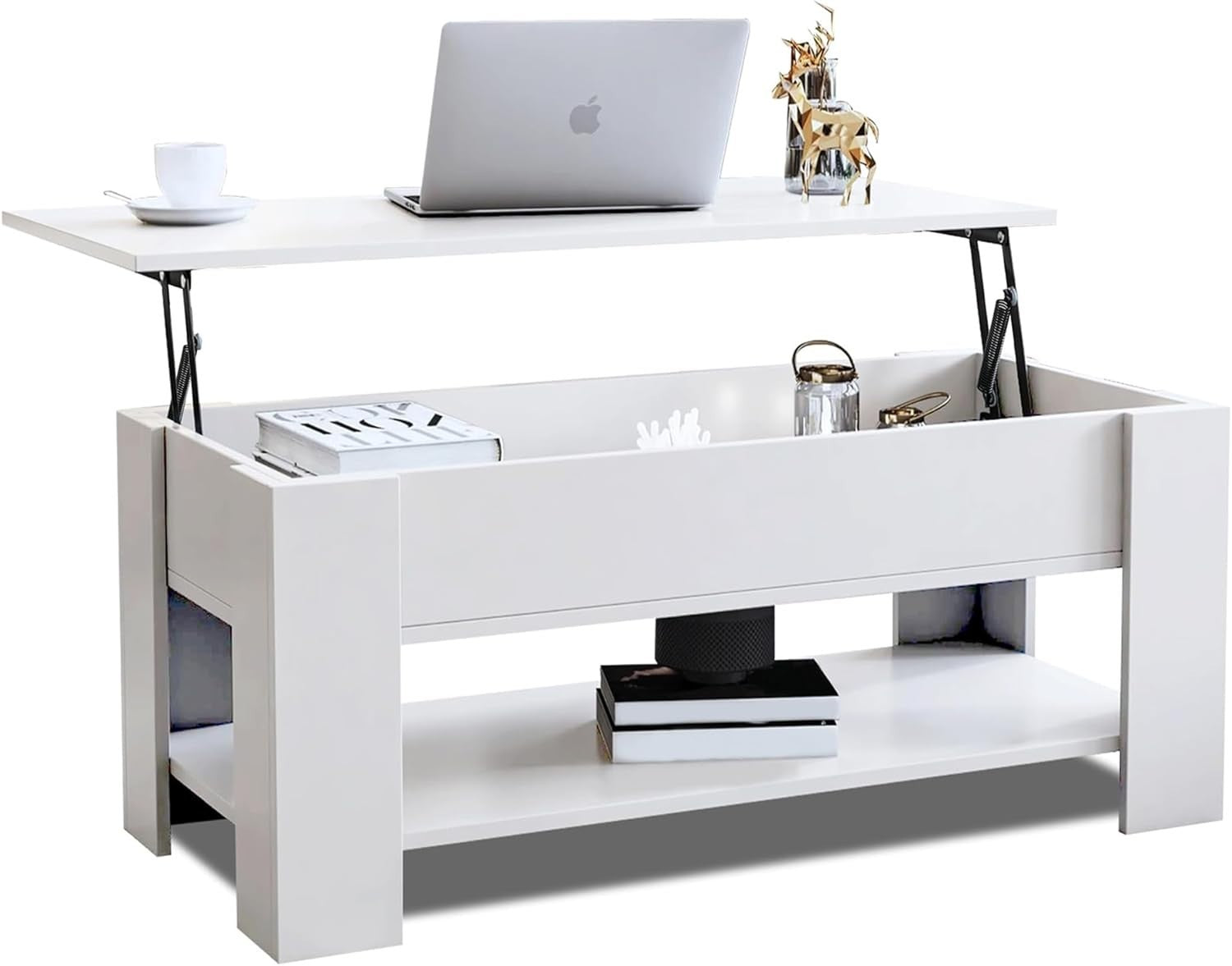 Lift Top Coffee Table White with Storage, Large Hidden Compartment 120x60cm