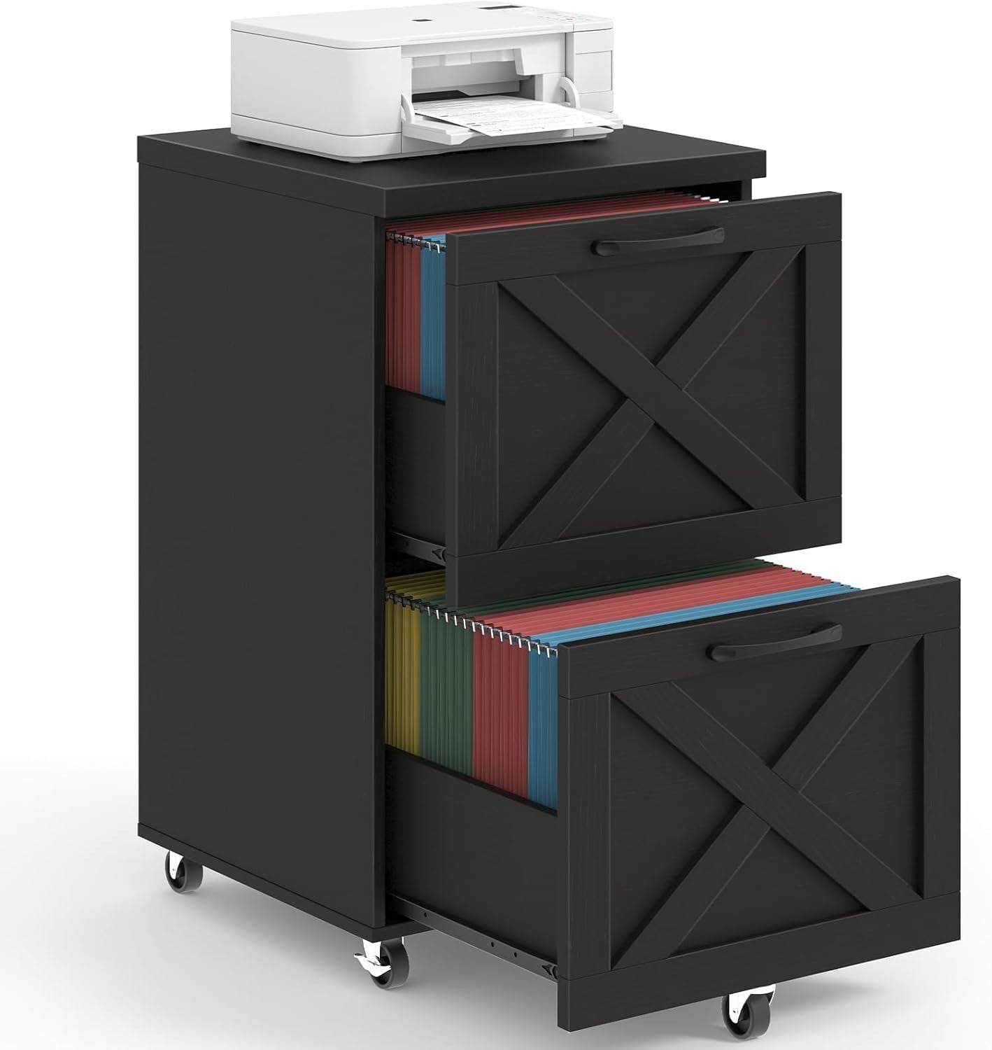 Black Farmhouse Rolling File Cabinet 2 Drawer A4 Letter Under Desk