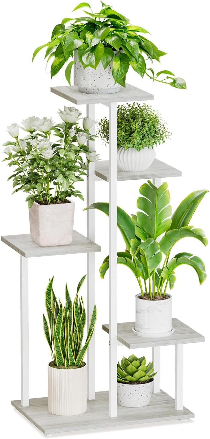 5 Tier White Metal & Wood Plant Stand | Tall Corner Indoor Display Shelf Rack
