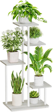 5 Tier White Metal & Wood Plant Stand | Tall Corner Indoor Display Shelf Rack
