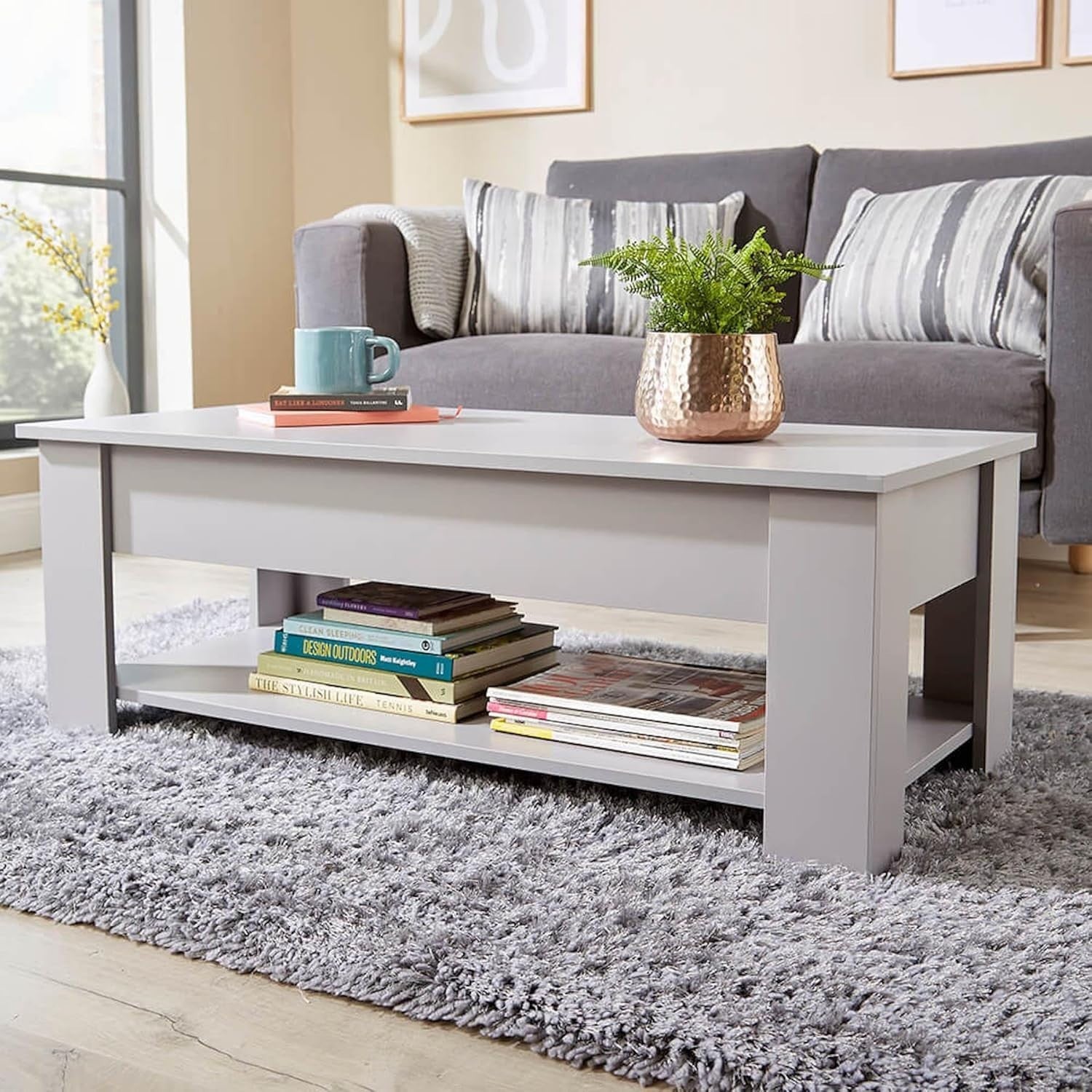 Lift Top Grey Coffee Table 100x50cm with Hidden Storage & Shelf Modern
