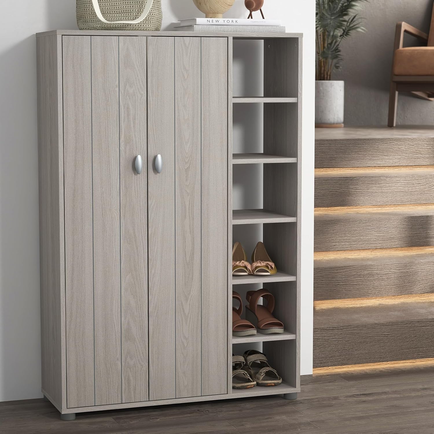 Warm Grey Oak 2-Door Shoe Cabinet 24-Pair Storage 79.6x35.3x119cm