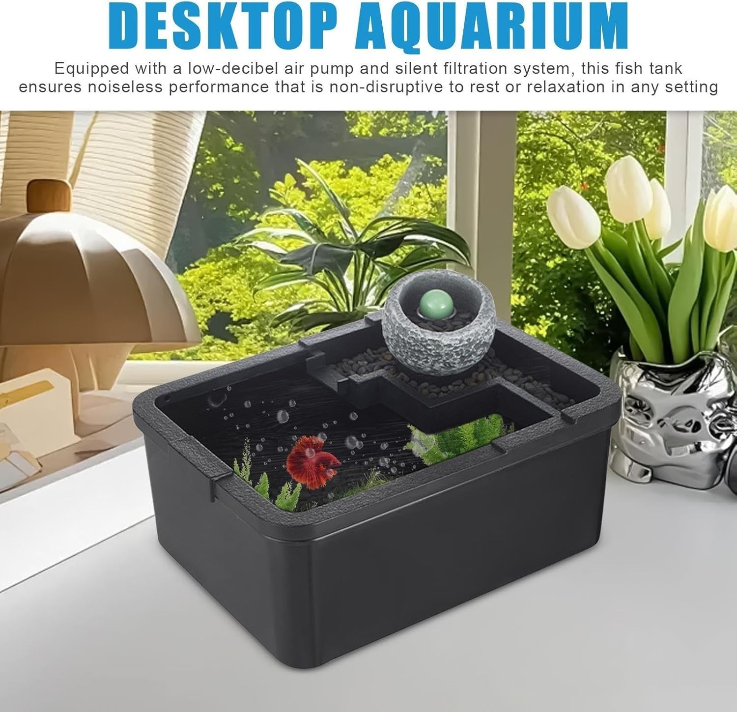 Beta Fish Tank Kit | Small Desktop Aquarium w/ Quiet USB Pump & Light