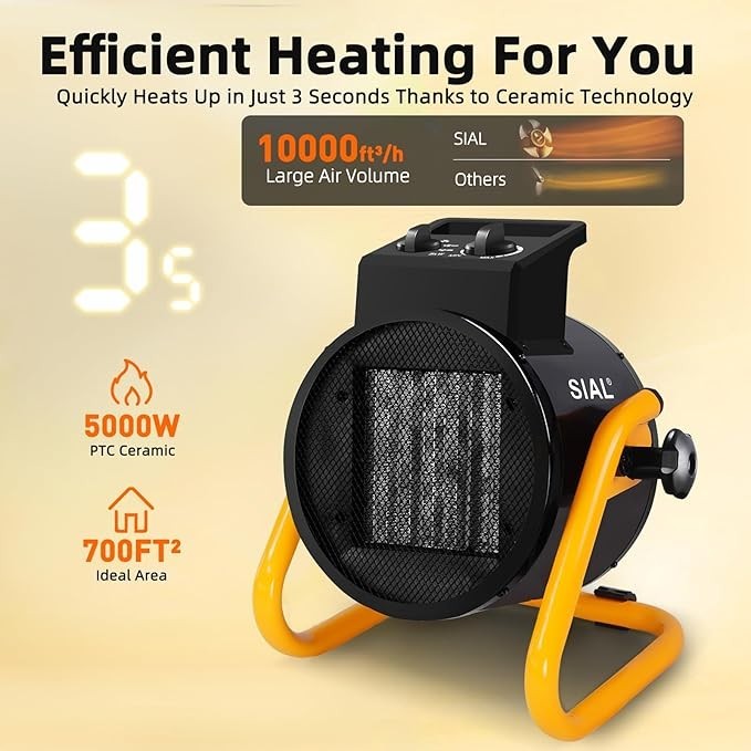 Portable Electric Heater 5000W Ceramic Fan | 3 Heat Settings | Thermostat