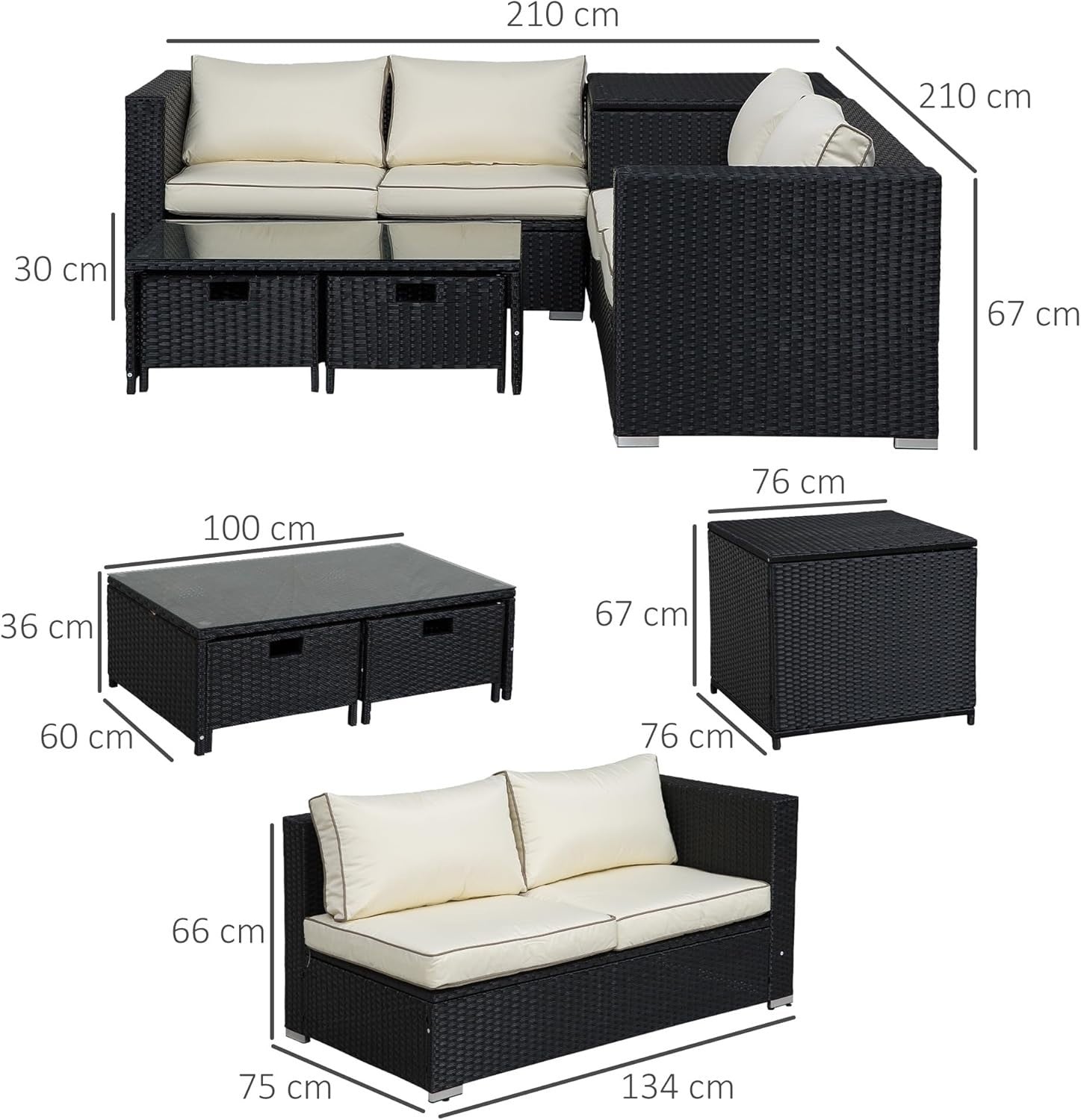 4PC Black Rattan Garden Sofa Set with Storage Drawers Cushions Glass Table