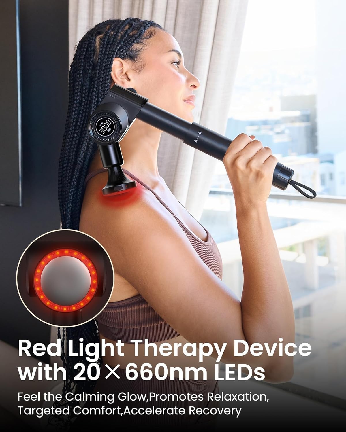 Deep Tissue Massage Gun with Heat Red Light Long Handle 32 Speeds Pain Relief