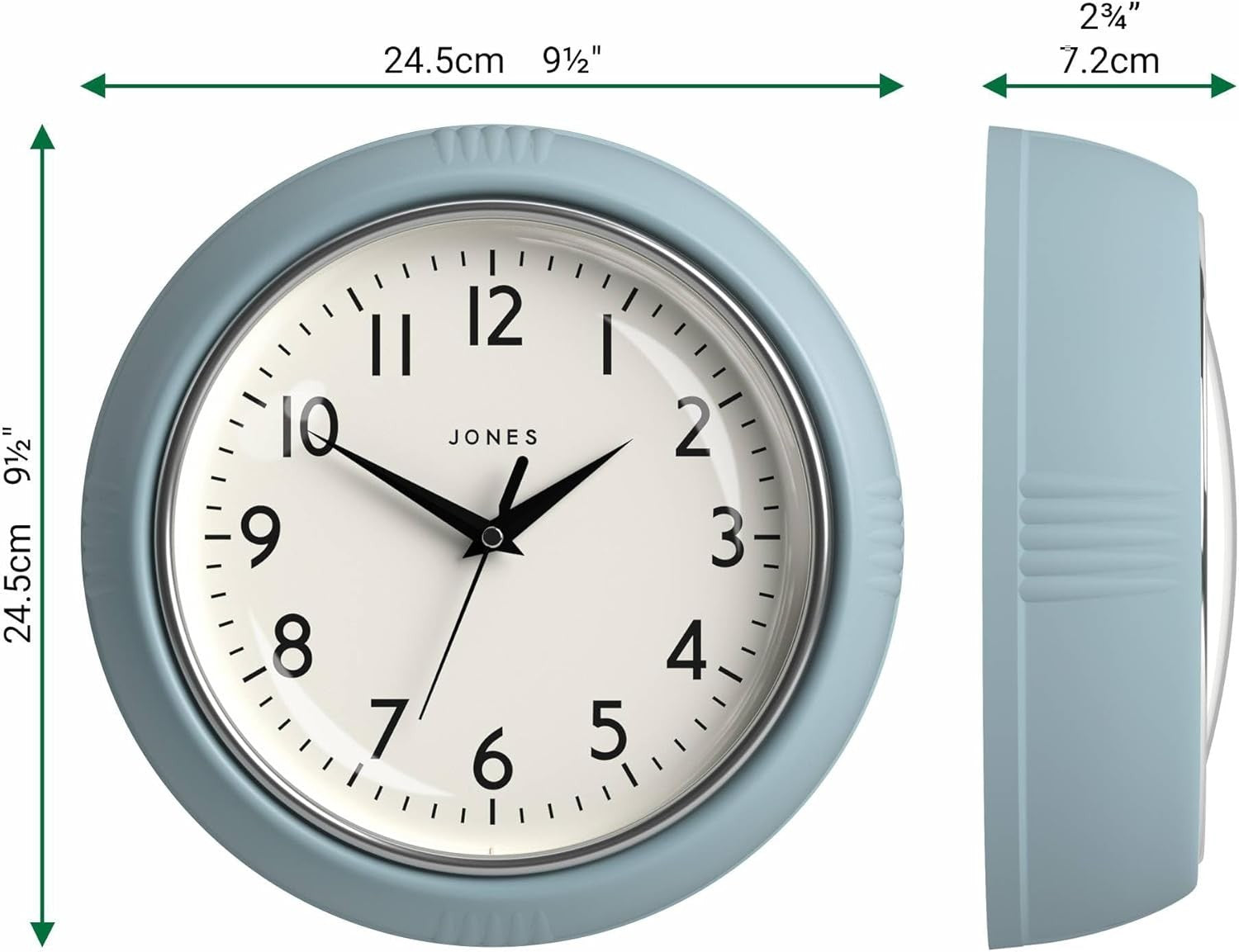 25cm Retro Pale Blue Wall Clock | Easy Read Silent Quartz Round Clock