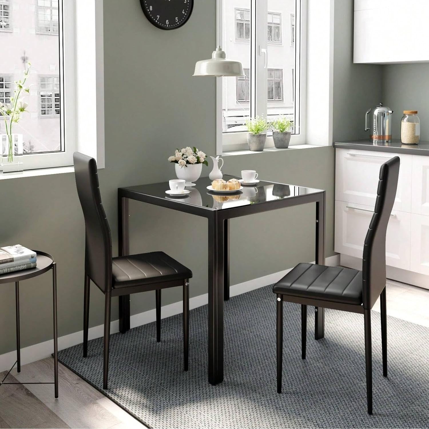 Modern 2-Seater Black Glass Dining Table with Faux Leather Chairs