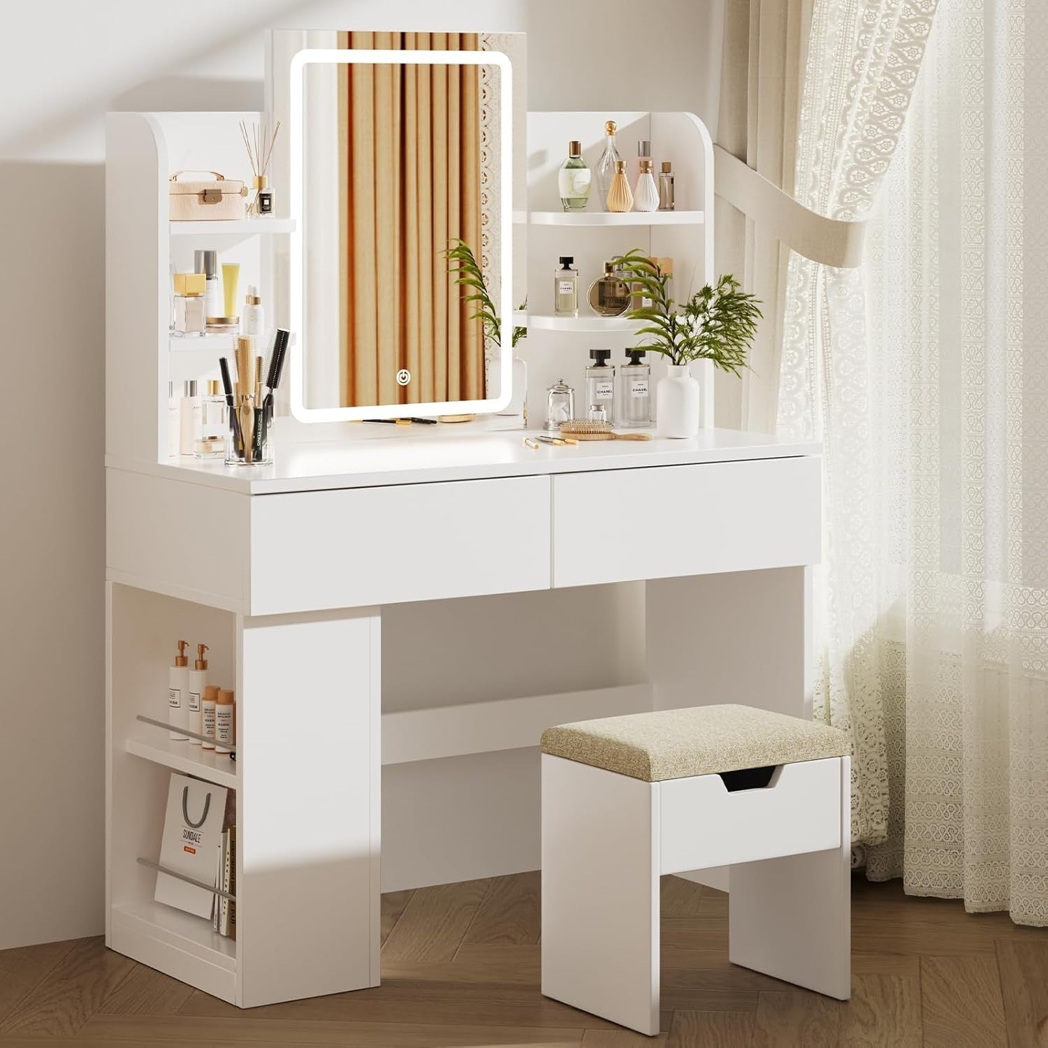 Modern Vanity Dressing Table Set White LED Mirror Stool Storage Drawers Shelves
