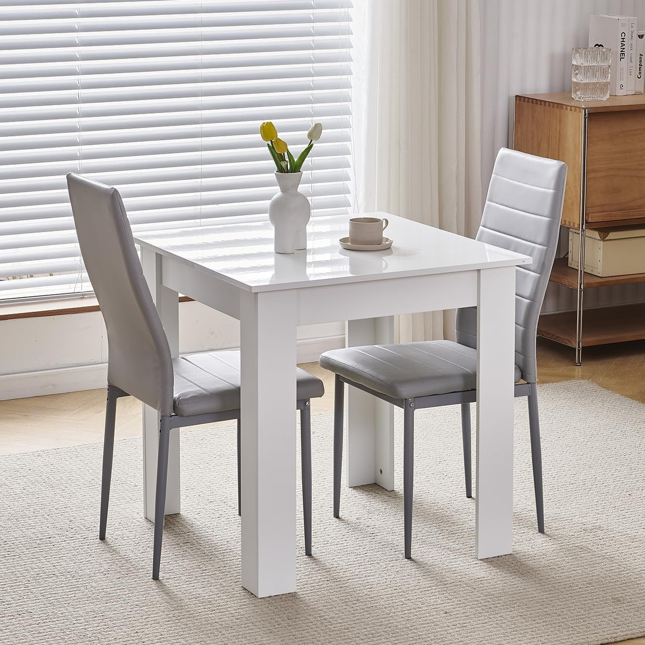 Modern 3-Piece White Marble Dining Set with 2 Grey PU Chairs for Small Spaces