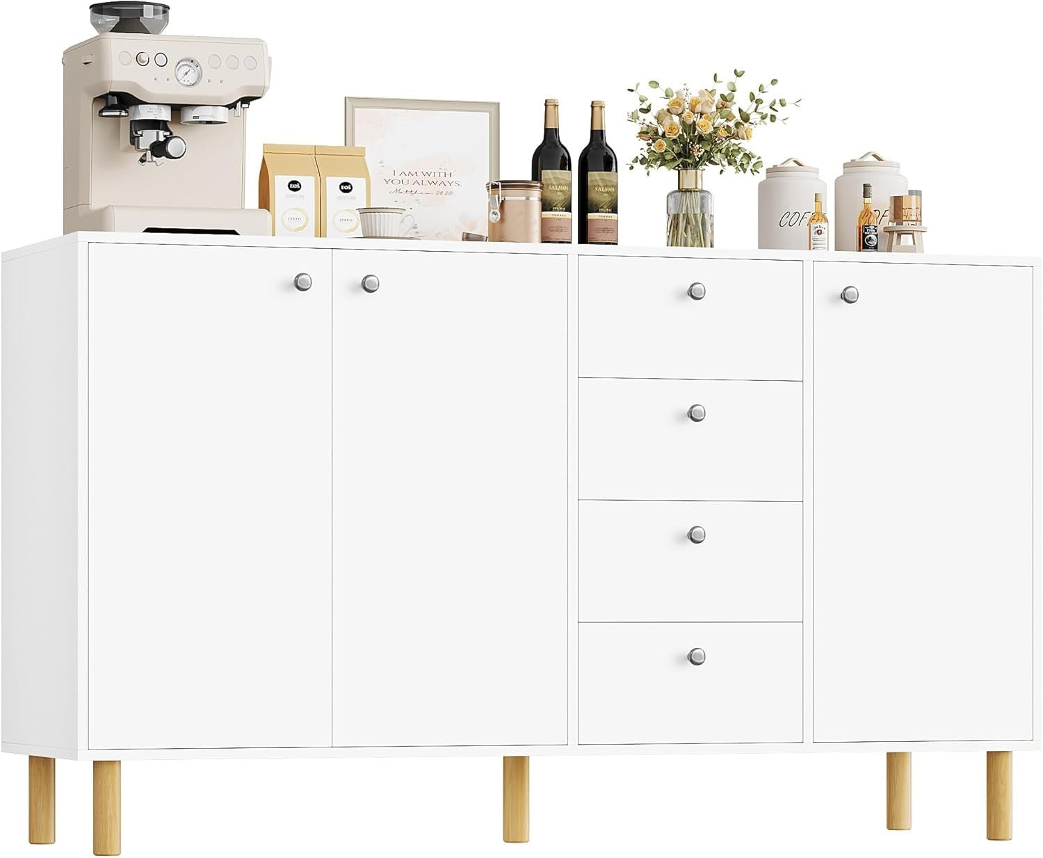 Modern White Sideboard Cabinet with Drawers & Doors 140cm Storage Unit