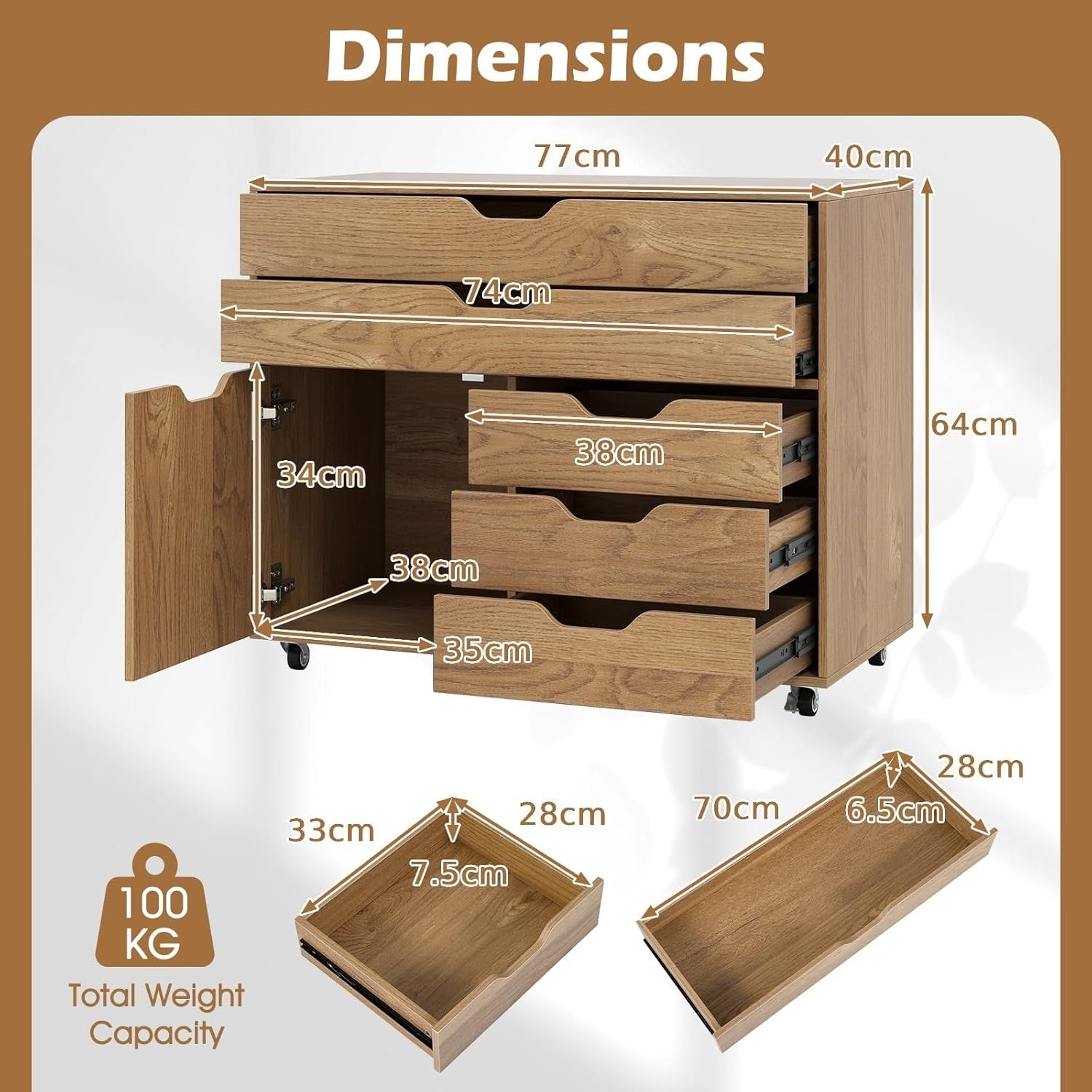 Natural Mobile File Cabinet 5 Drawer Side Cupboard Rolling Printer Stand
