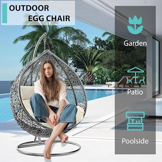 Outdoor Hanging Egg Chair with Cushion – Rattan Swing Seat, 150KG Support