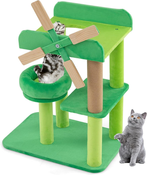 Green Windmill Cat Tree Multi-Level Scratching Tower Indoor Play Center