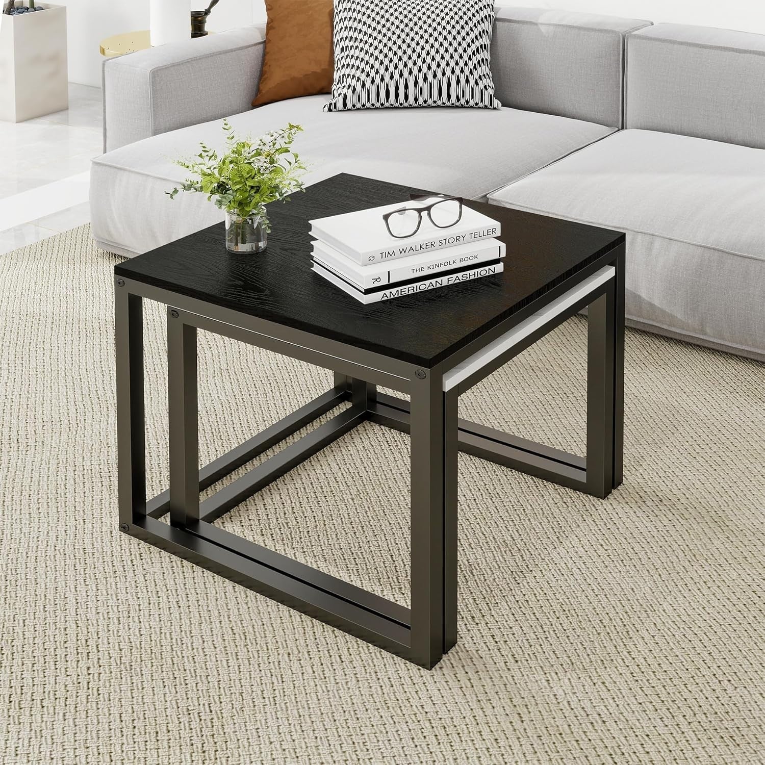 Nesting Coffee Table Set of 2 Square End Tables Black-brown Modern Living Room