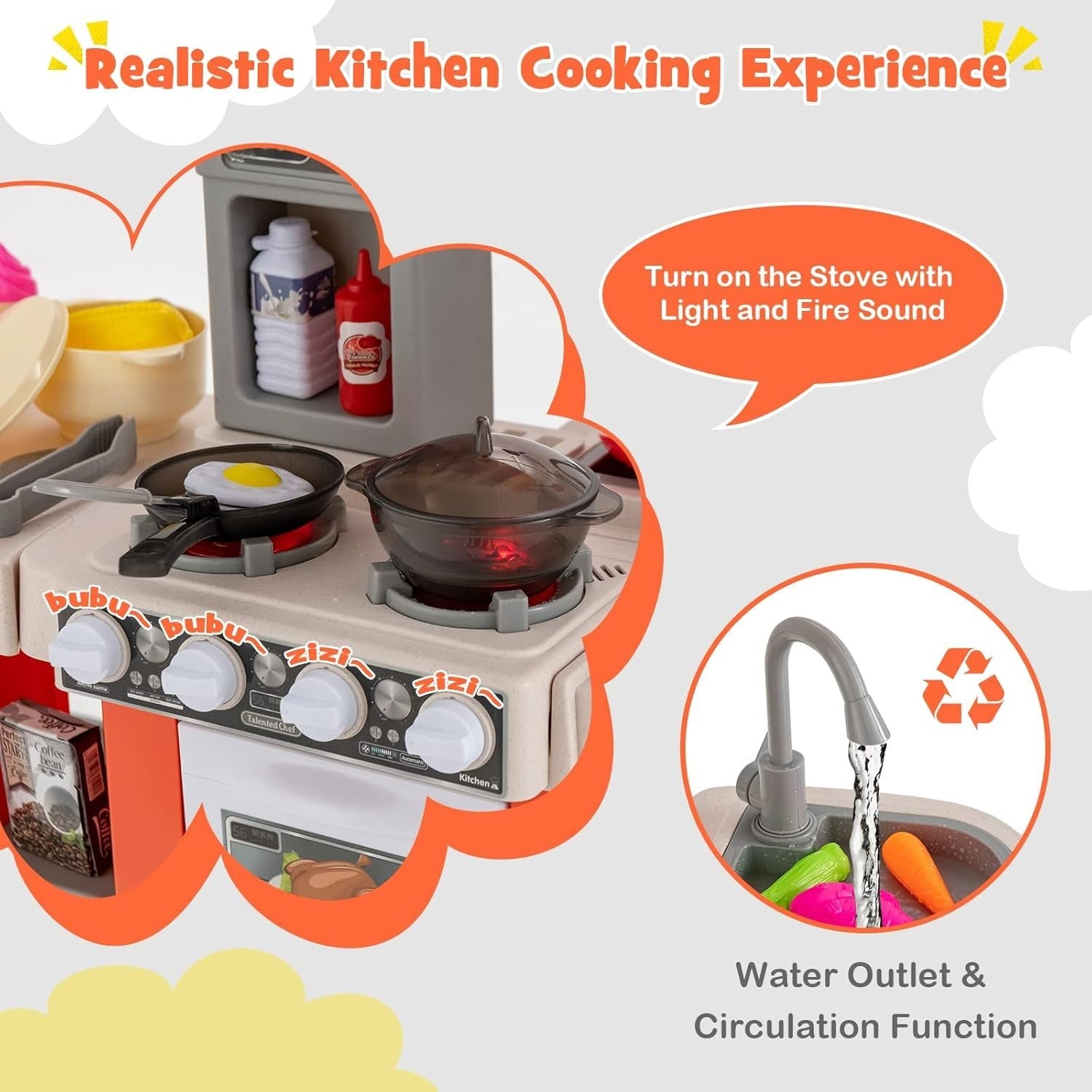 67PCS Kids Play Kitchen Toy Set Lights Sounds Steam Cooking Orange