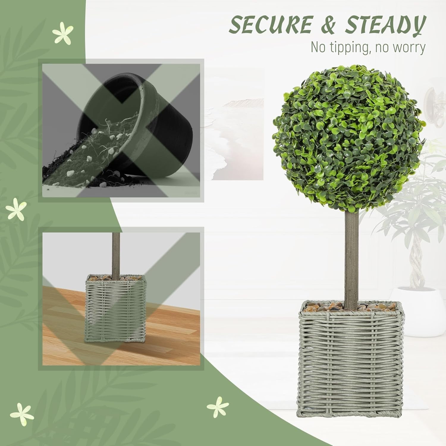 2pcs 50cm Artificial Boxwood Topiary Balls with Woven Pots Indoor Outdoor Decor