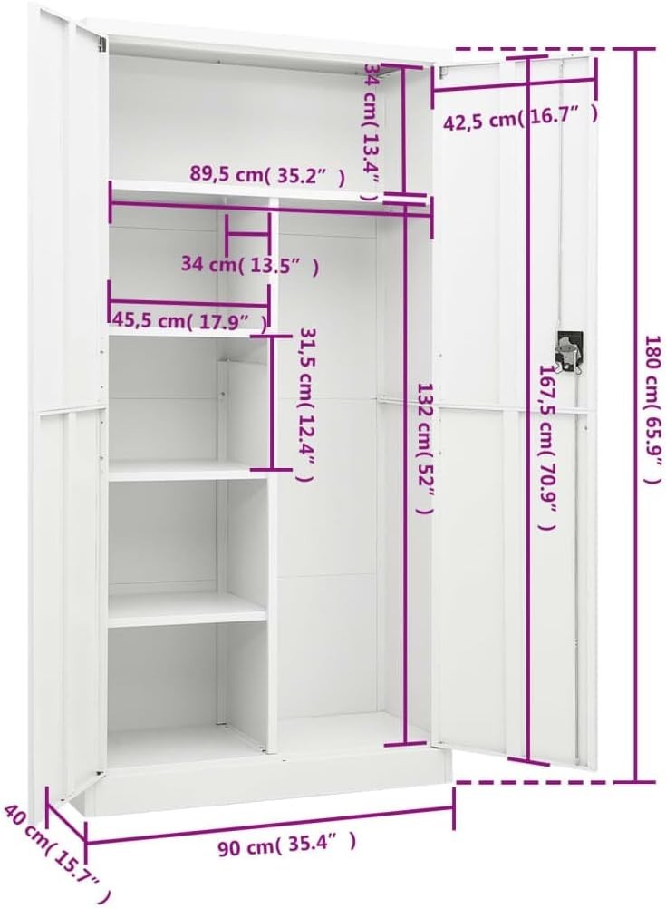 Steel Storage Cabinet White 90x40x180cm Lockable 4 Shelf Office Garage