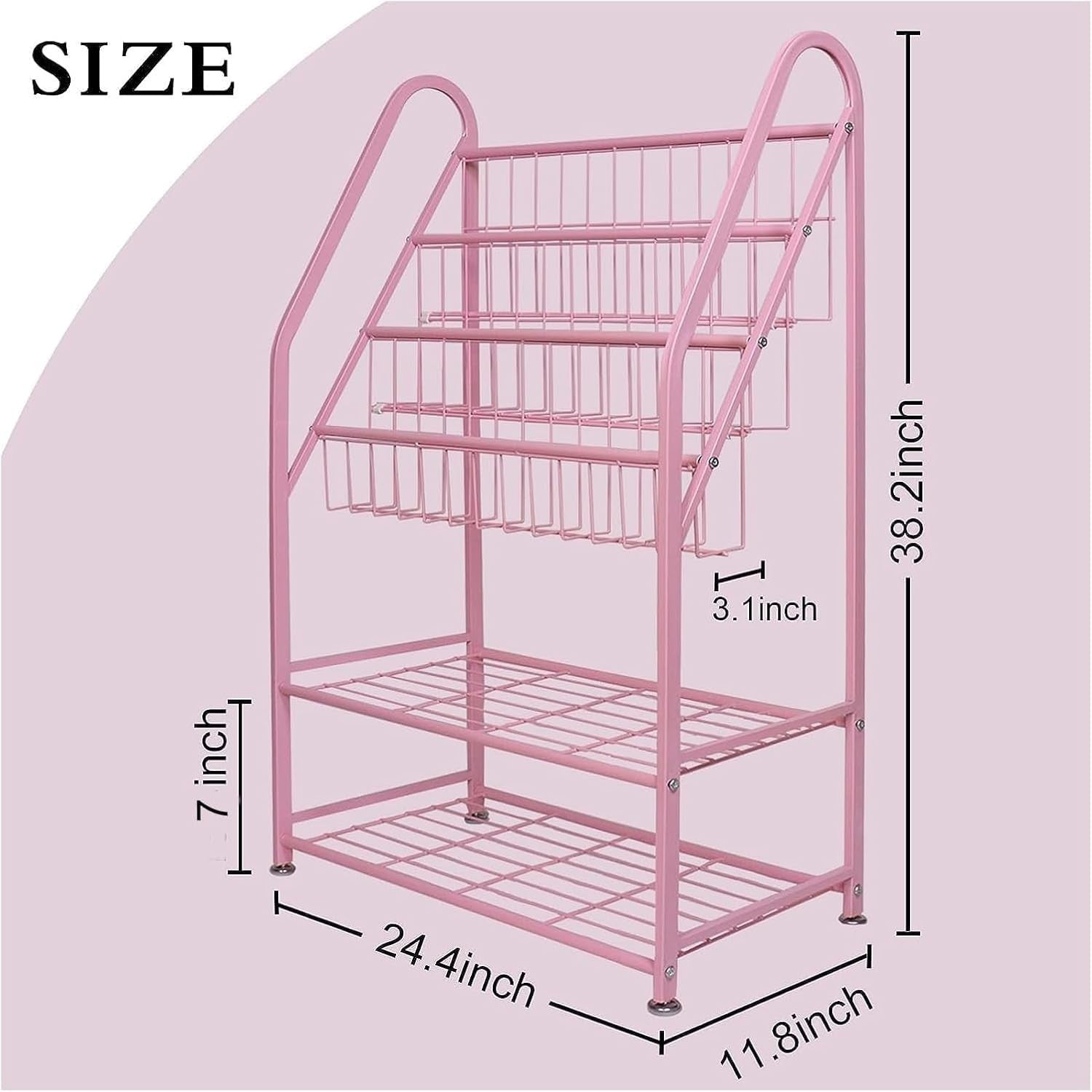 Kids Medium Leaning Bookshelf & Toy Organizer Rack – Durable Metal, Pink