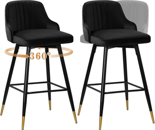Black Velvet Swivel Bar Stools Set of 2 – Luxury Kitchen Counter Chairs