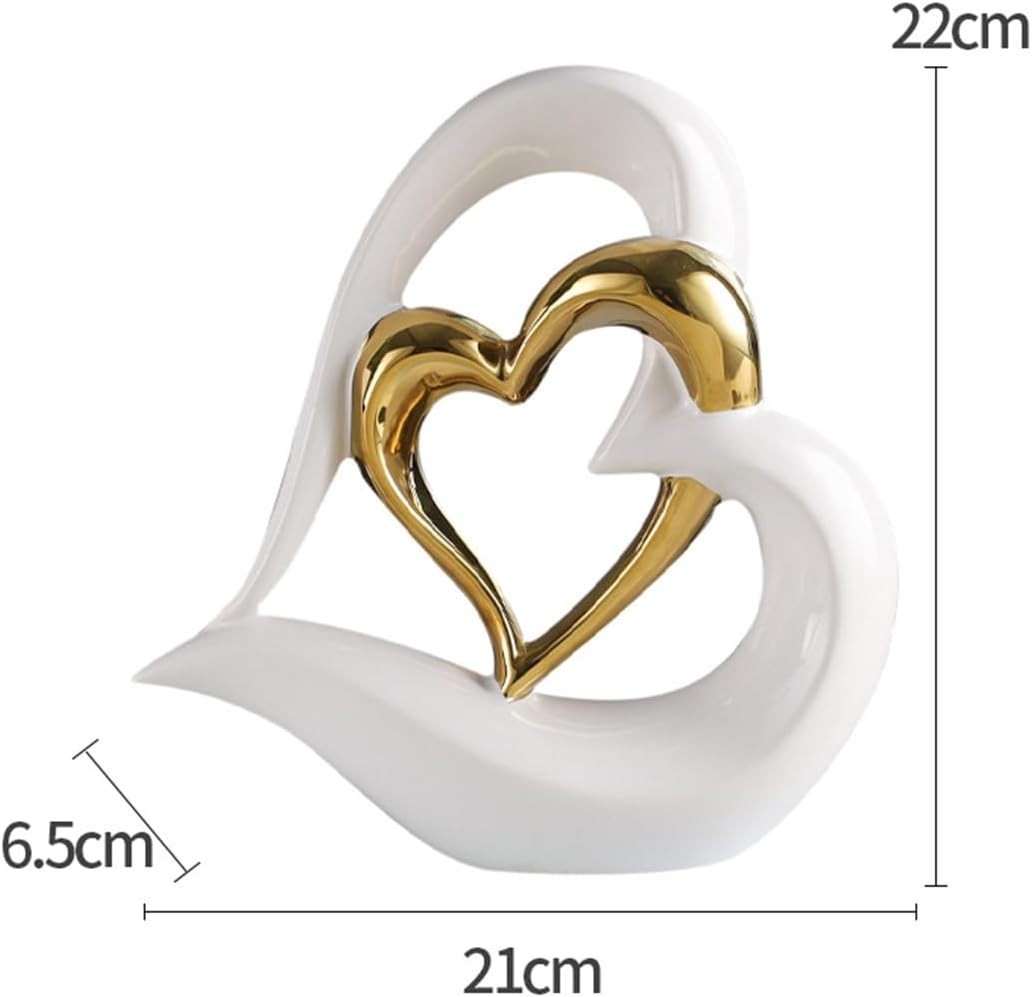 White Gold Double Heart Ceramic Sculpture Modern Romantic Home Decor Ornament