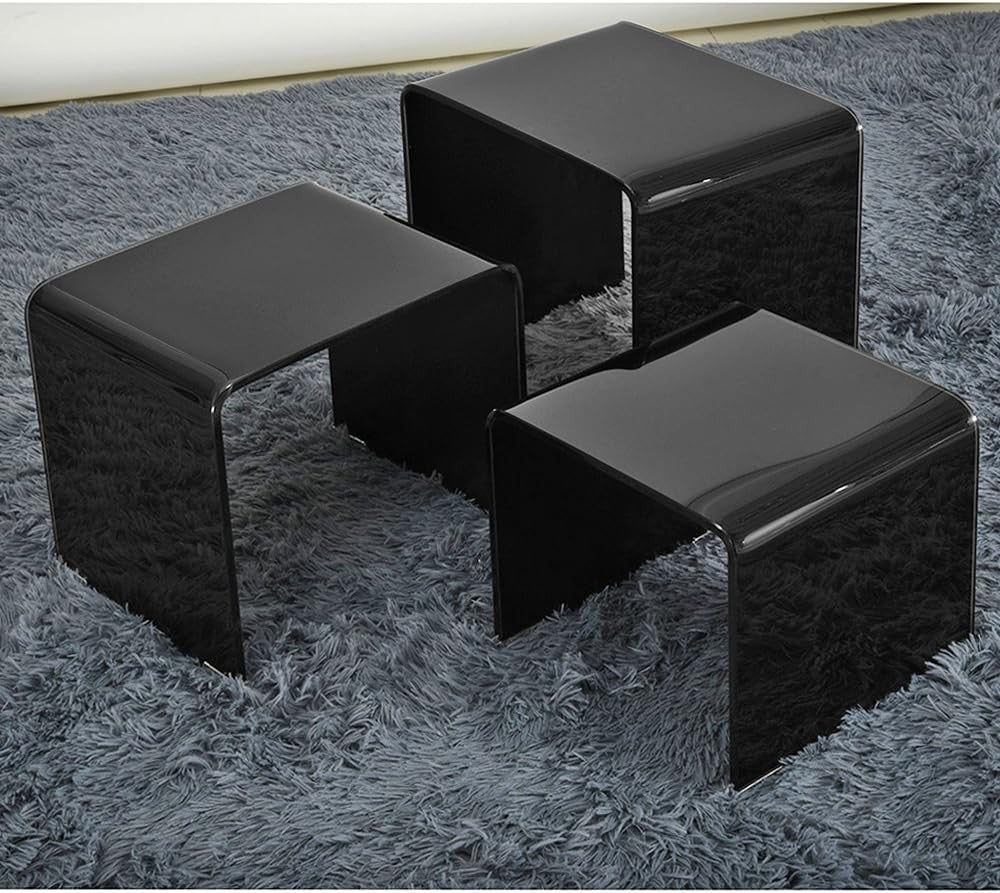Nest of 3 Modern Glass Coffee Tables Clear/Black Bent Tempered Side End Accent