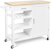 Rolling Kitchen Island Cart with Oak Top, Wine Rack, Drawer & Storage