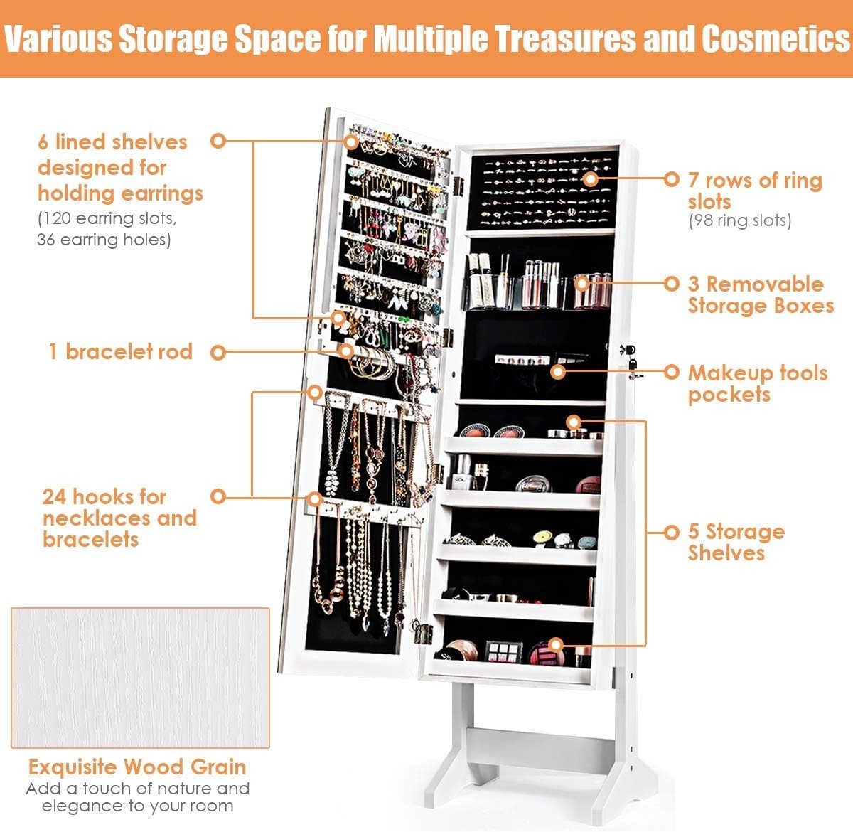 White Lockable Jewellery Cabinet Full Length Mirror Adjustable Storage
