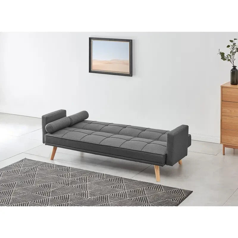 Charcoal Linen Clic Clac Sofa Bed 3 Seater Tufted Cushions & Bolster Pillows