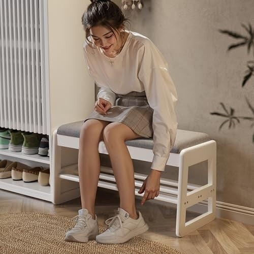 Small Flip-Top Shoe Bench with Linen Cushion | 2-Tier White Shoe Rack Entryway