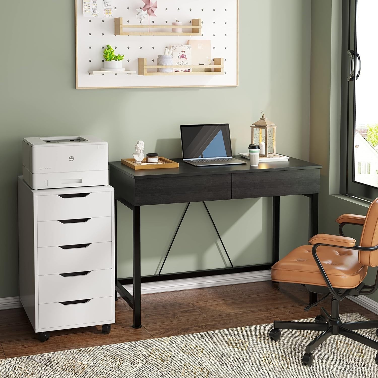Modern Small Computer Desk with Drawers 100cm Black Wood Metal