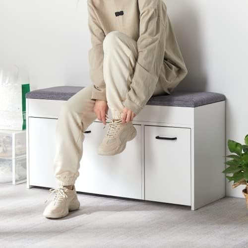 Modern Shoe Storage Bench Seat White Wood Flip Drawer Entryway Hallway Furniture