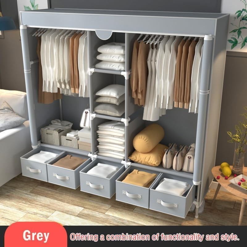 Large Grey Canvas Wardrobe 5 Drawers Hanging Rail Storage Unit 175cm